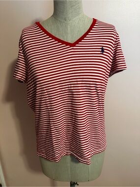 Ralph Lauren Red and White Striped V-Neck Tee with Navy Polo Logo